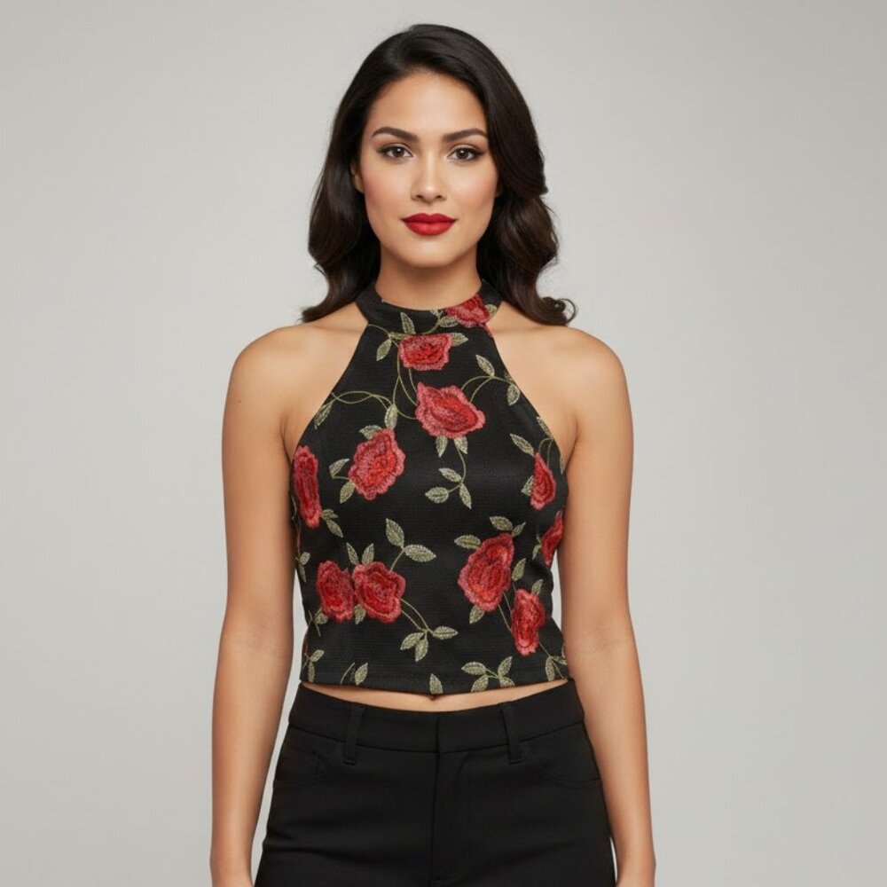 Charlotte Russe Black and Red Floral Crop Top